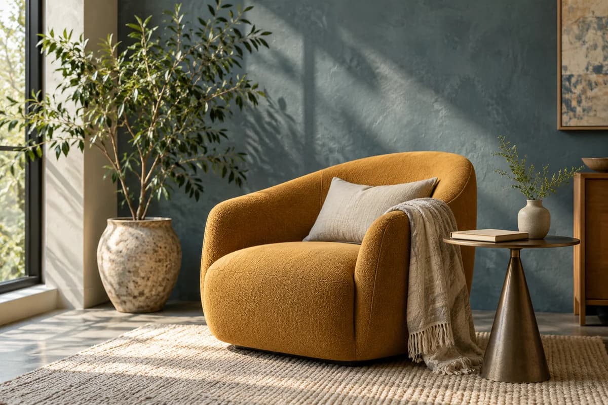 Illustrative creative workspace with a lounge chair and plants
