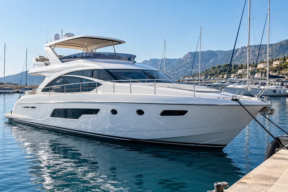 Illustrative white yacht moored in a Mediterranean marina
